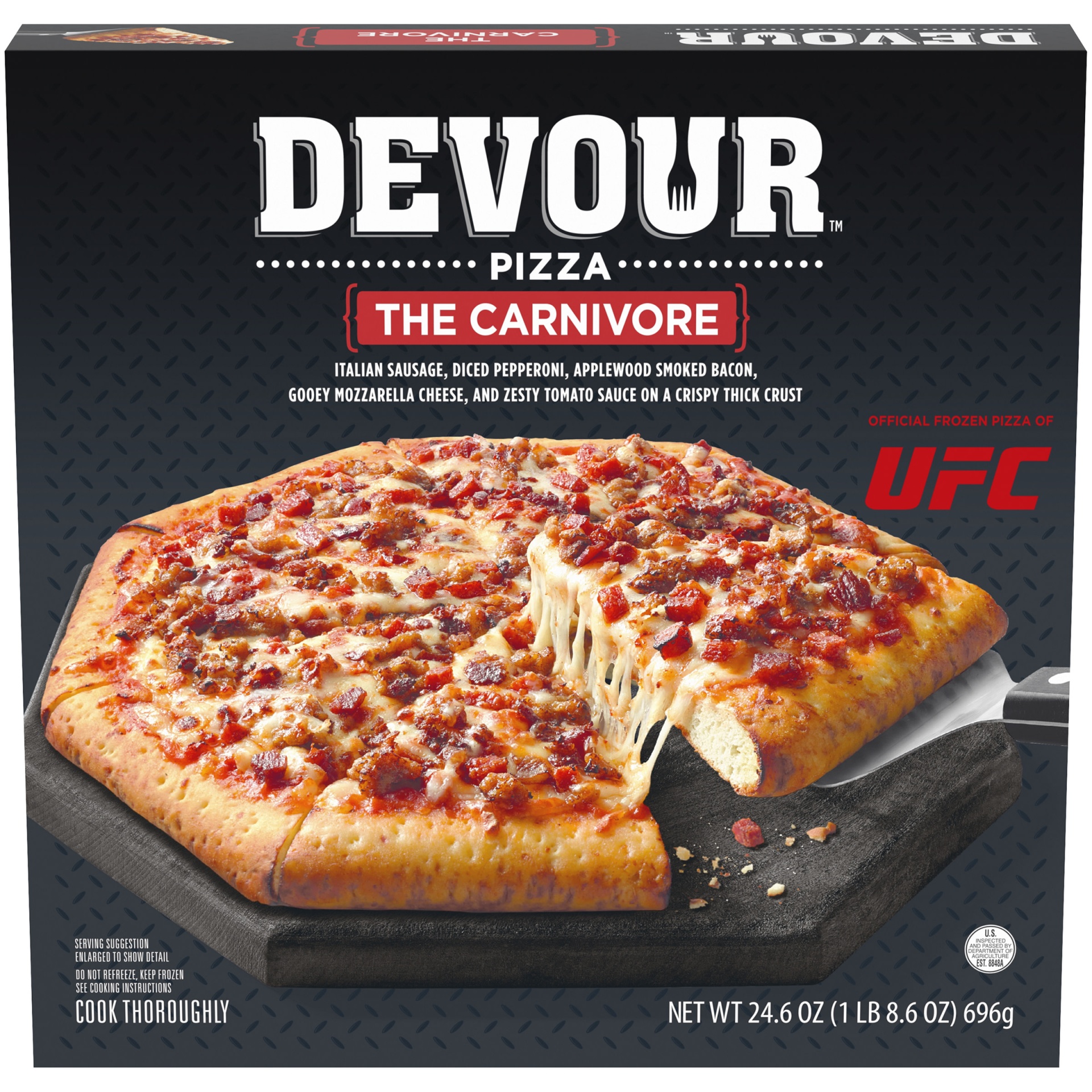 slide 1 of 2, DEVOUR The Carnivore Frozen Pizza with Sausage, Pepperoni & Smoked Bacon, 24.6 oz