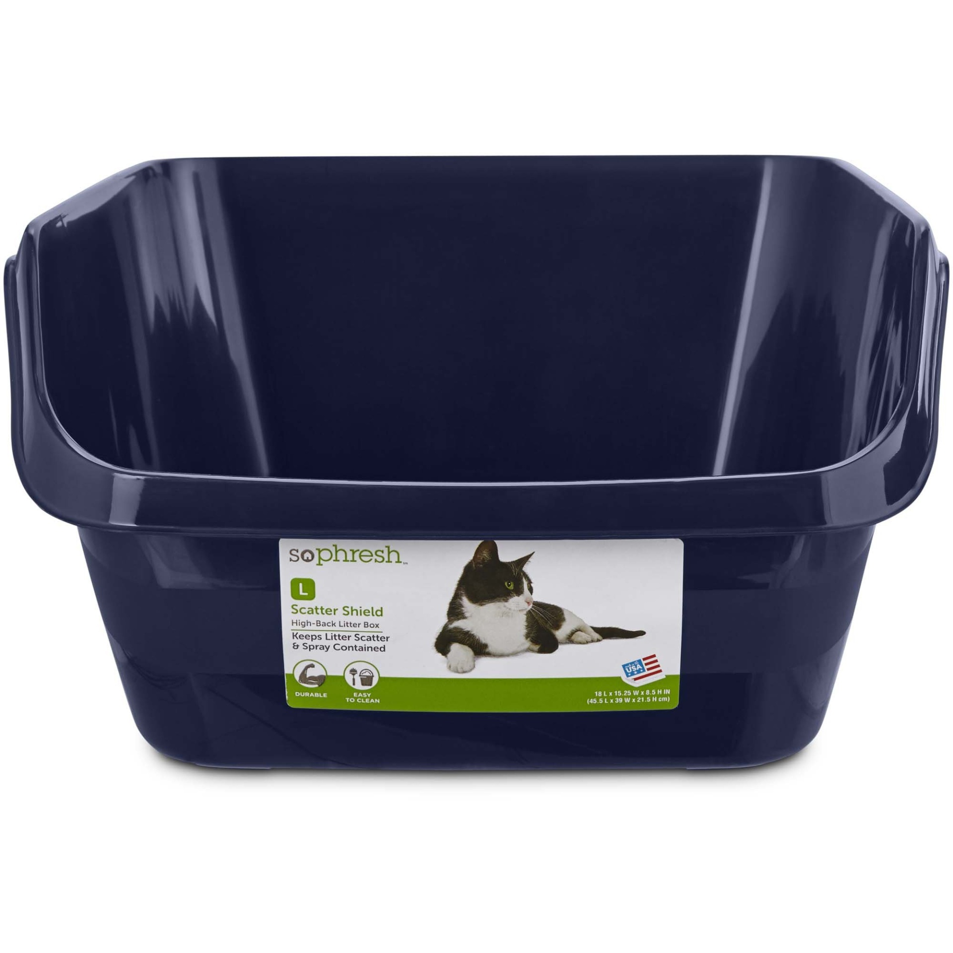 slide 1 of 1, So Phresh Scatter Shield High-Back Litter Box in Navy, LG