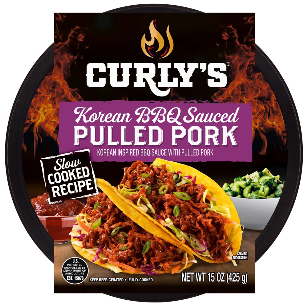 slide 1 of 1, Curly's Curlys Korean BBQ Sauced Pulled Pork, 15 oz, 15 oz