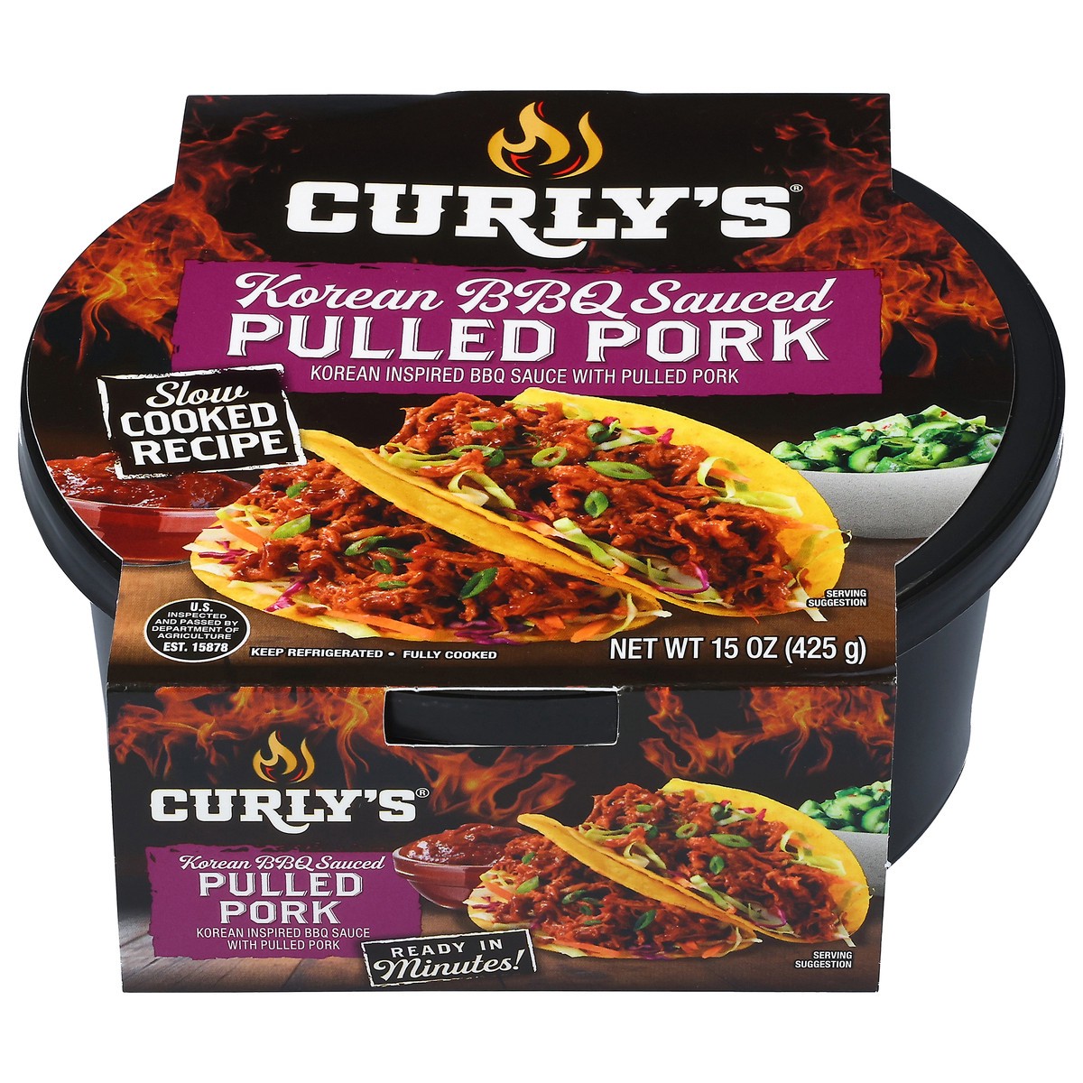 slide 1 of 15, Curly's Curlys Korean BBQ Sauced Pulled Pork, 15 oz, 15 oz