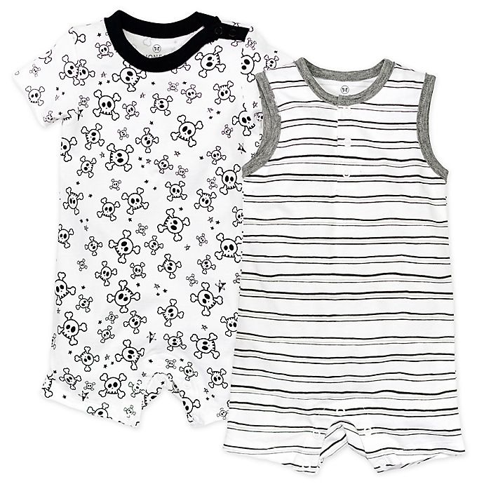 slide 1 of 5, The Honest Company Honest Baby Newborn Tossed Skulls Organic Cotton Rompers - White/Black, 2 ct