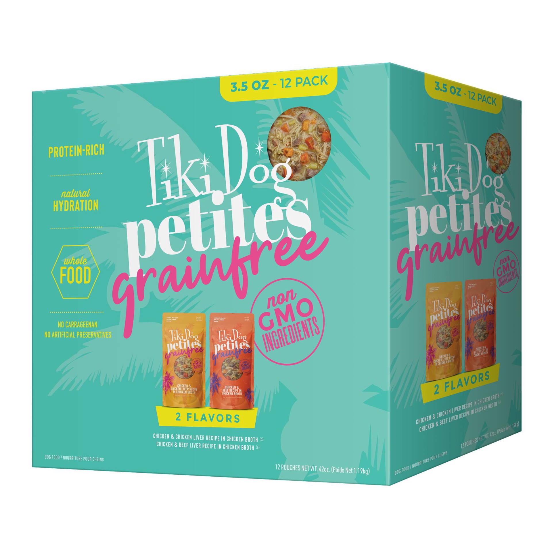 slide 1 of 7, Tiki Dog Petites Grain Free Wet Dog Food, Variety Pack, 3.5 oz. Pouches (12 Count), 3.5 oz