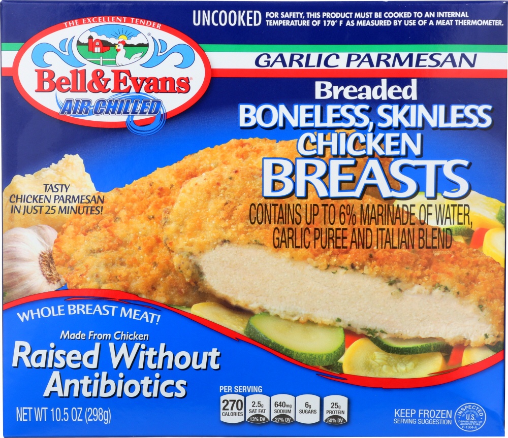 slide 1 of 1, Bell & Evans Garlic Parmesan Breaded Boneless Skinless Breasts, 10.5 oz