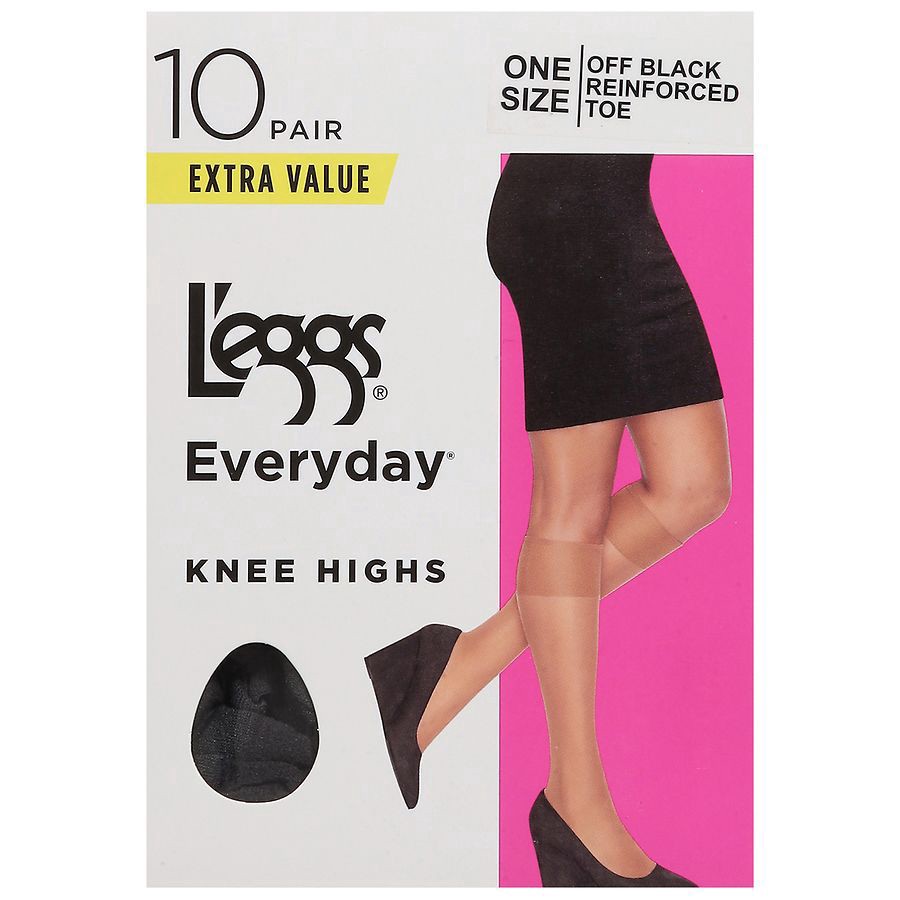 slide 1 of 1, L'eggs 100% Nylon Knee Highs Reinforced Toe One Size, 10 pair