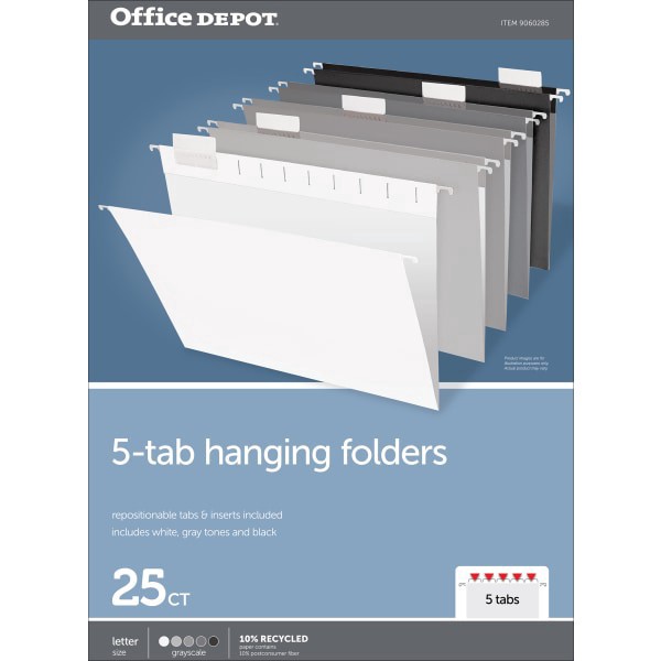 slide 2 of 2, Office Depot® Brand Hanging File Folders, 1/5-Cut, Letter Size, Assorted Grayscale Colors, Pack Of 25 Folders, 25 ct