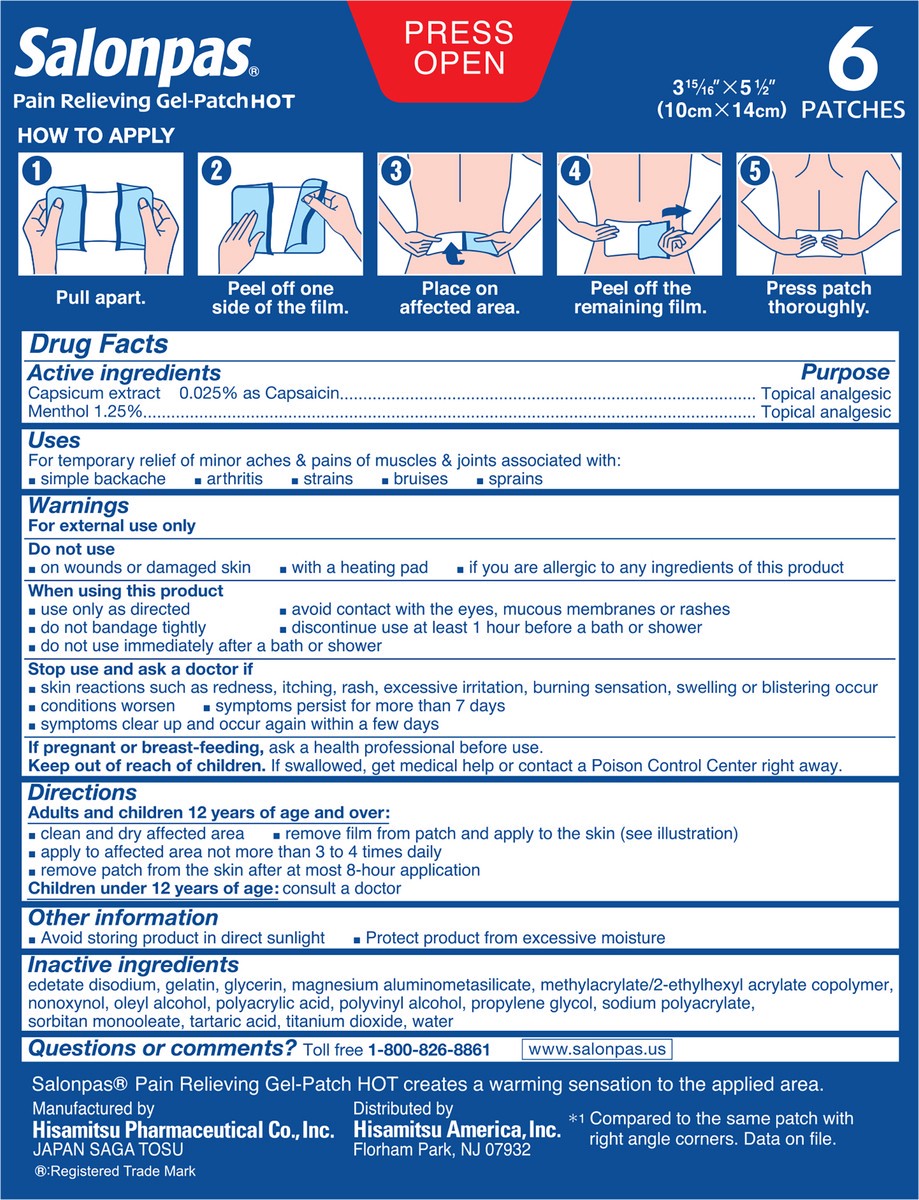 slide 2 of 7, Salonpas Hot Pain Relief Gel Patch, 6 ct