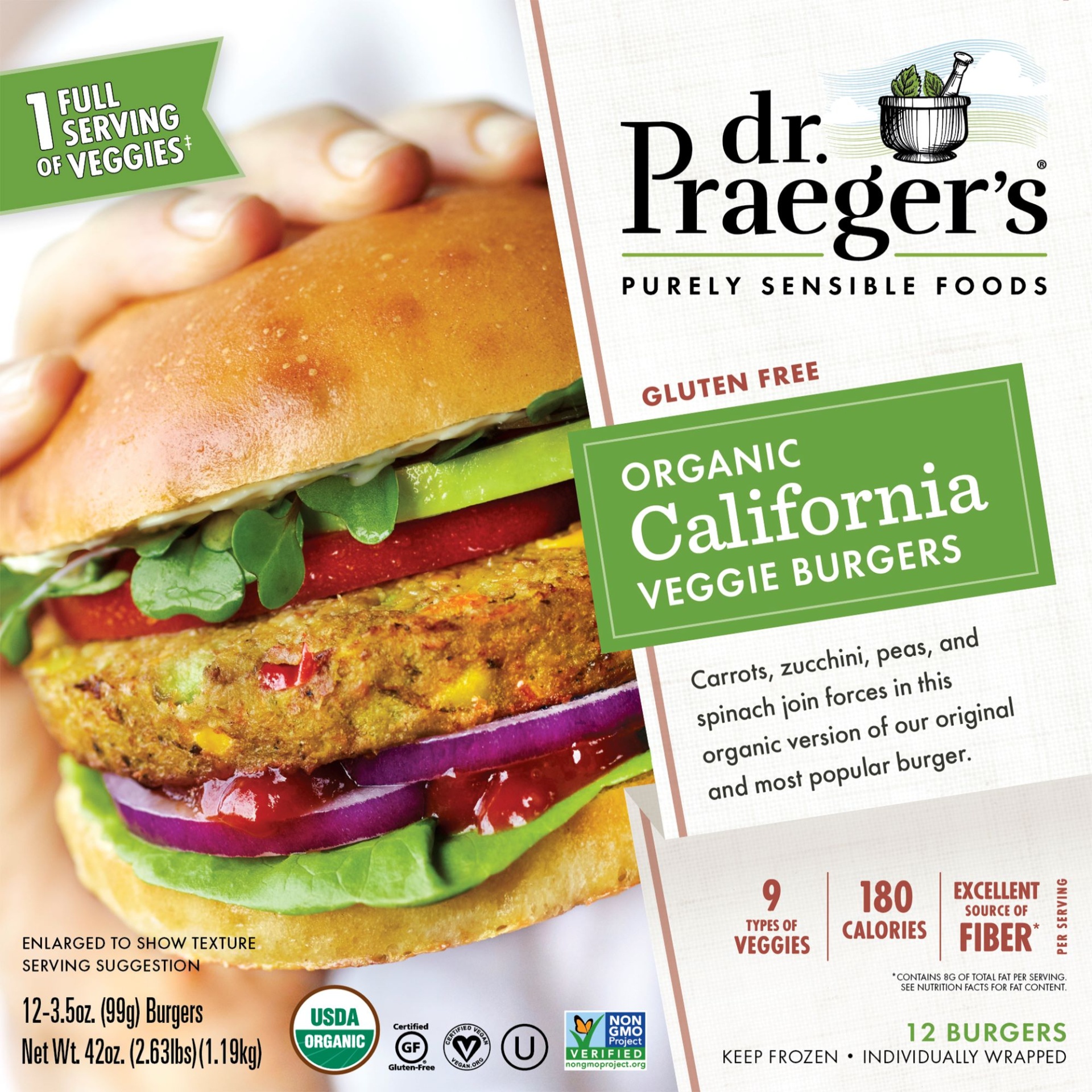 slide 1 of 1, Dr. Praeger's Organic California Burgers, 3.55 oz, 12 count, 