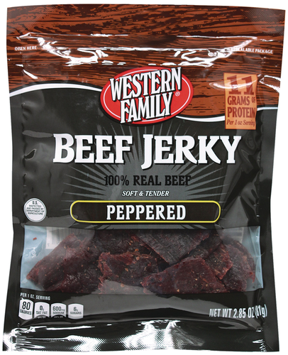 slide 1 of 1, Western Family Beef Jerky Peppered, 2.85 oz