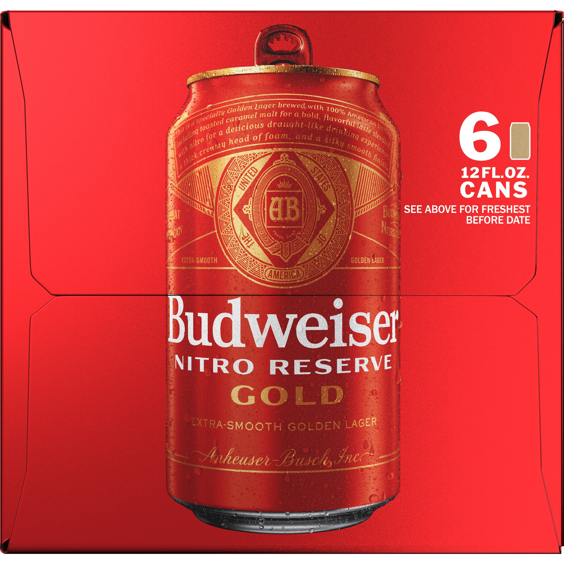 slide 5 of 5, Budweiser Nitro Reserve Gold Lager, 6 Pack 12 fl. oz. Cans, 5% ABV, 6 ct; 12 oz