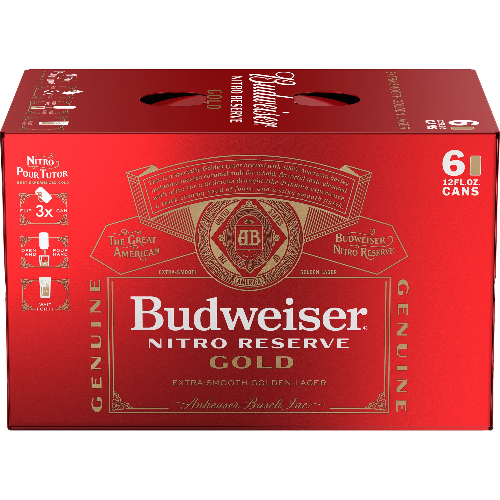 slide 4 of 5, Budweiser Nitro Reserve Gold Lager, 6 Pack 12 fl. oz. Cans, 5% ABV, 6 ct; 12 oz