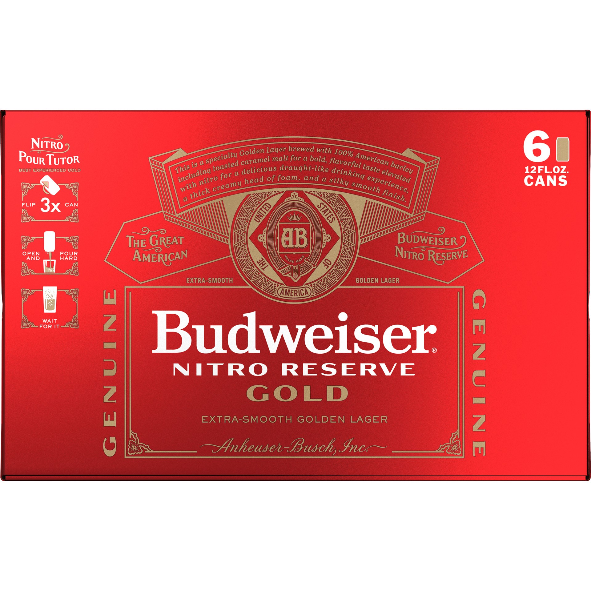 slide 2 of 5, Budweiser Nitro Reserve Gold Lager, 6 Pack 12 fl. oz. Cans, 5% ABV, 6 ct; 12 oz