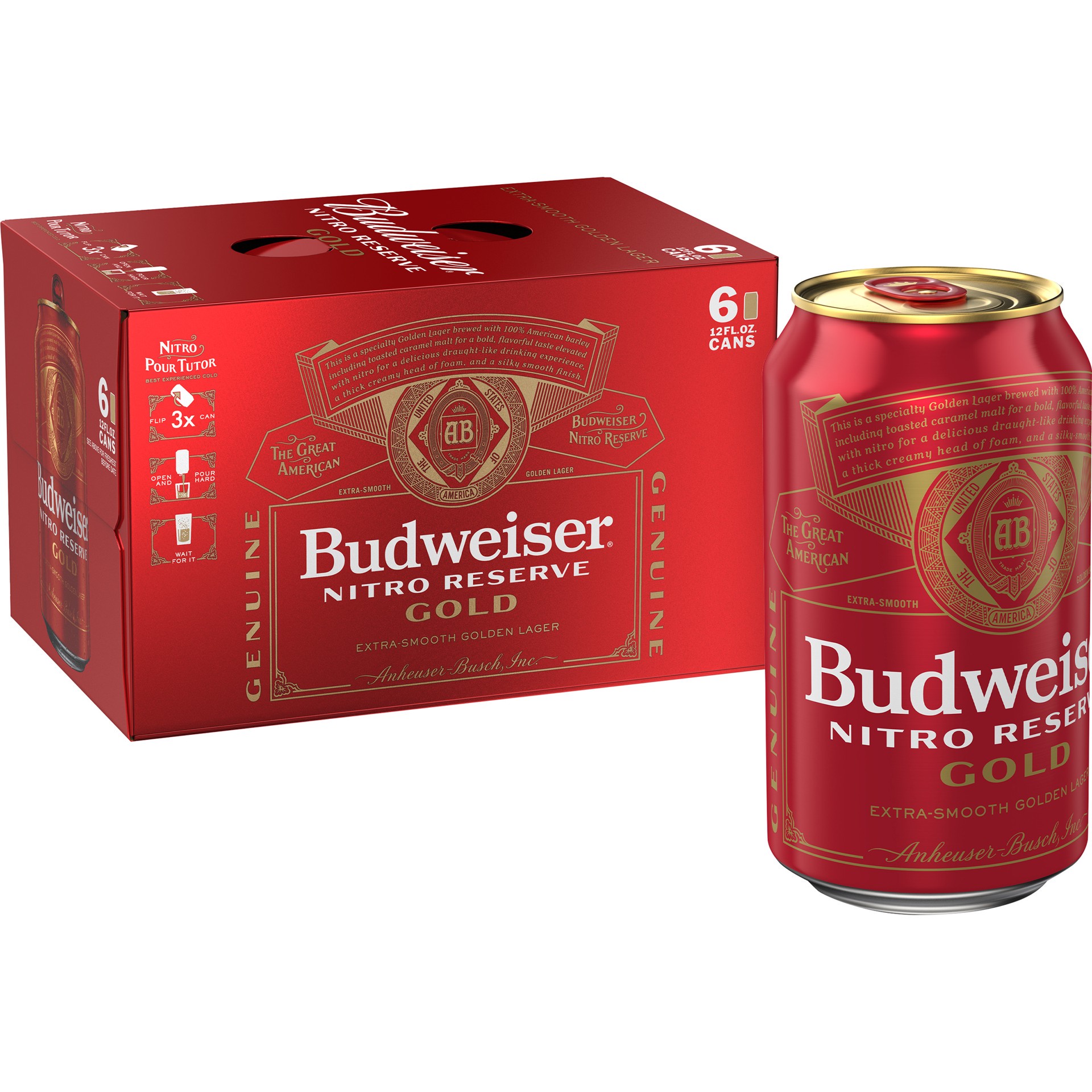 slide 1 of 5, Budweiser Nitro Reserve Gold Lager, 6 Pack 12 fl. oz. Cans, 5% ABV, 6 ct; 12 oz