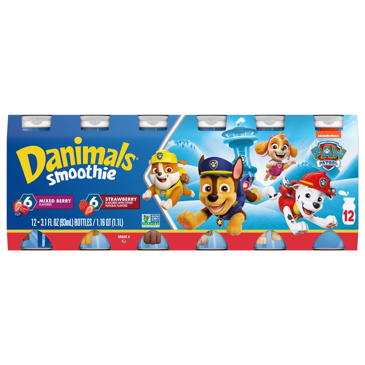 slide 1 of 5, Danimals Smoothie Strawberry Explosion and Mixed Berry Dairy Drink Multi-Pack, 12 Ct, 3.1 OZ Smoothie Bottles, 12 ct