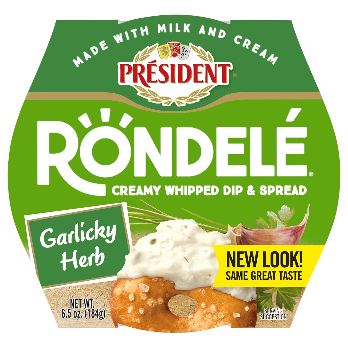 slide 1 of 9, Président Rondele Creamy Whipped Dip & Spread Cheese Garlicky Herb, 6.5 oz, 