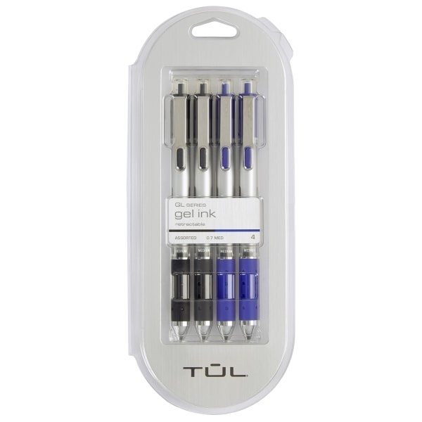 slide 1 of 4, TUL Retractable Gel Pens, Medium Point, 0.7 Mm, Silver Barrel, Black And Blue Inks, Pack Of 4 Pens, 4 ct