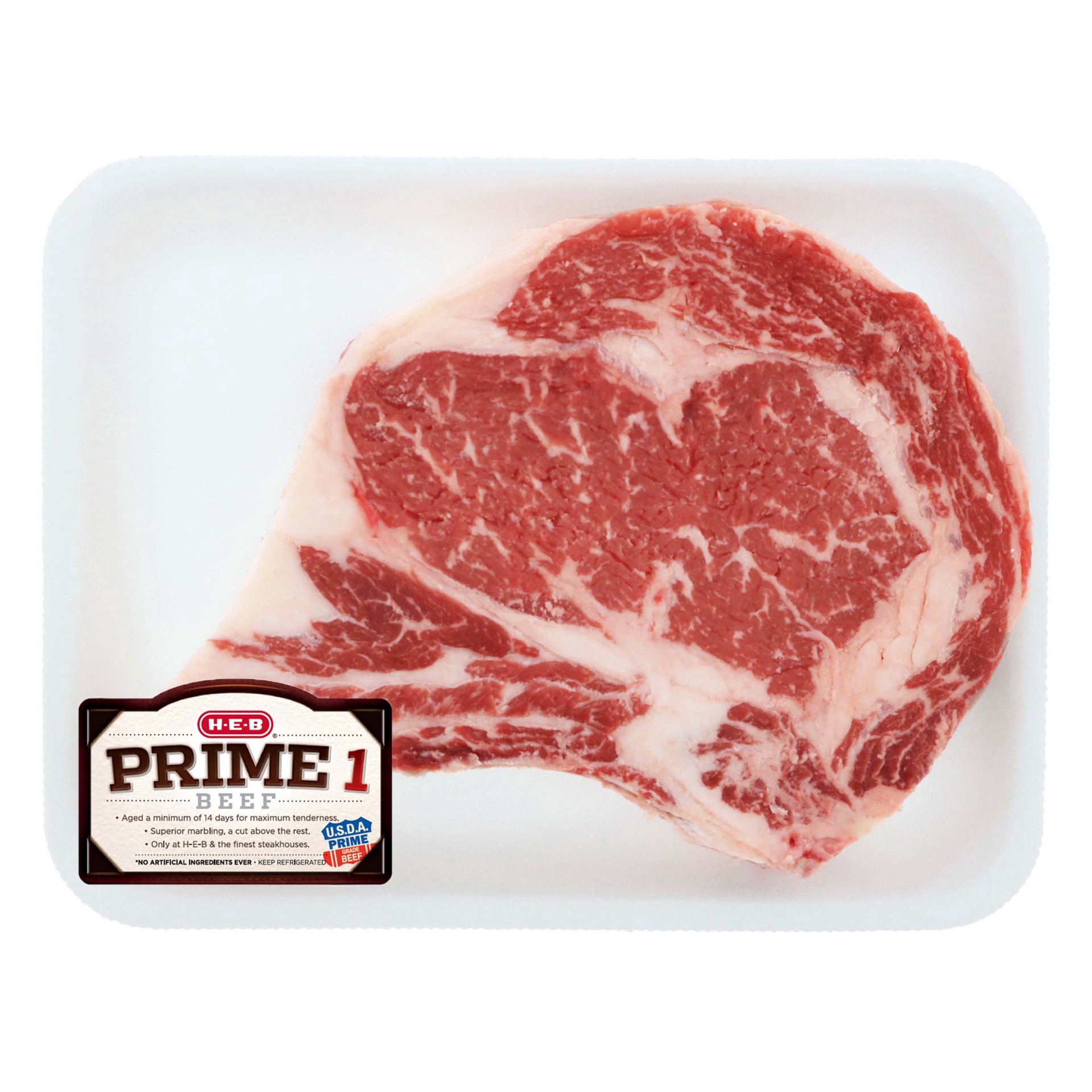 slide 1 of 1, H-E-B Prime 1 Beef Ribeye Steak Bone-In Thick, per lb