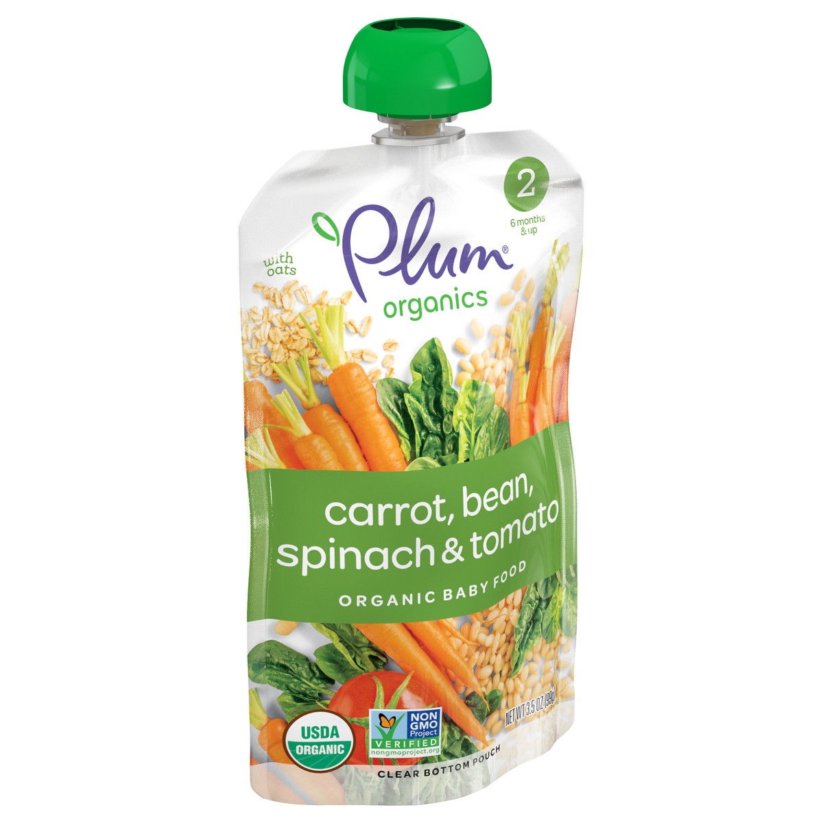 slide 2 of 8, Plum Organics Stage 2 Organic Carrot, Bean, Spinach & Tomato 3.5oz Pouch, 3.5 oz