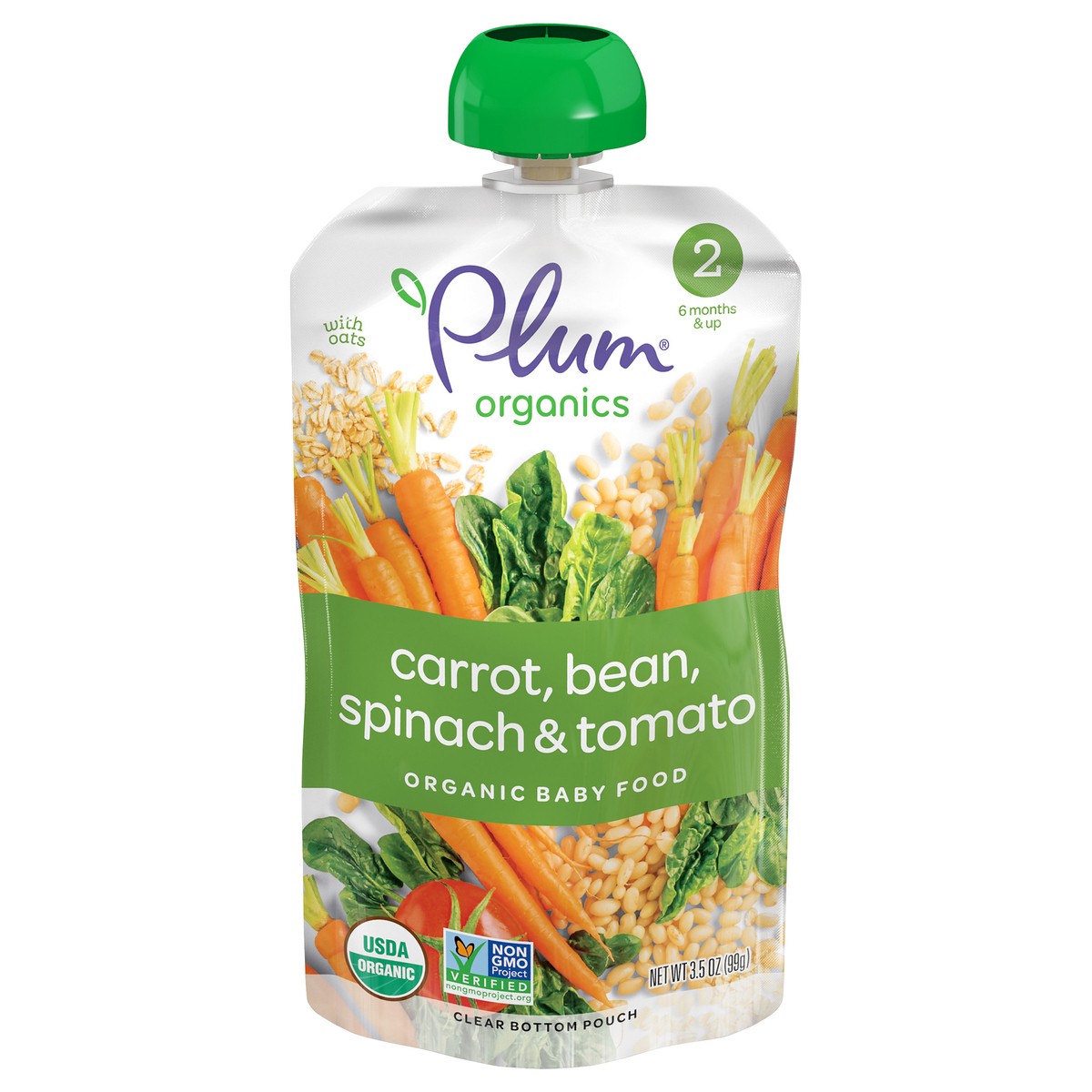 slide 1 of 8, Plum Organics Stage 2 Organic Carrot, Bean, Spinach & Tomato 3.5oz Pouch, 3.5 oz