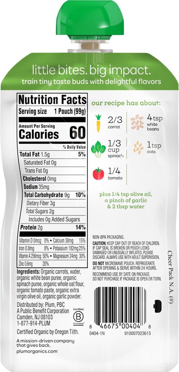 slide 5 of 8, Plum Organics Stage 2 Organic Carrot, Bean, Spinach & Tomato 3.5oz Pouch, 3.5 oz