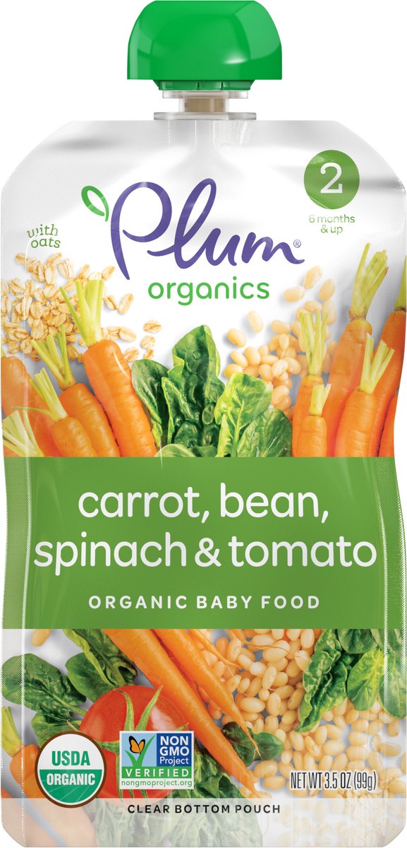 slide 6 of 8, Plum Organics Stage 2 Organic Carrot, Bean, Spinach & Tomato 3.5oz Pouch, 3.5 oz