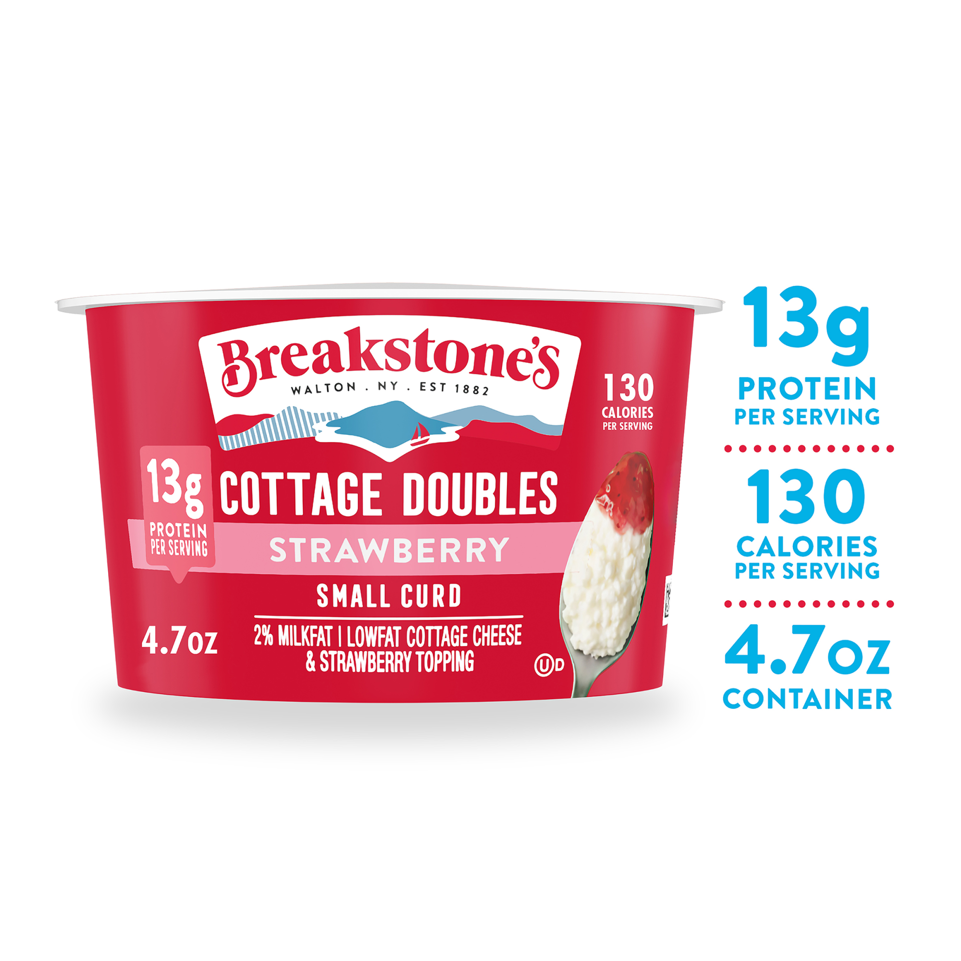 slide 1 of 11, Breakstone's Cottage Doubles Lowfat Cottage Cheese & Strawberry Topping with 2% Milkfat, 4.7 oz Cup, 4.7 oz