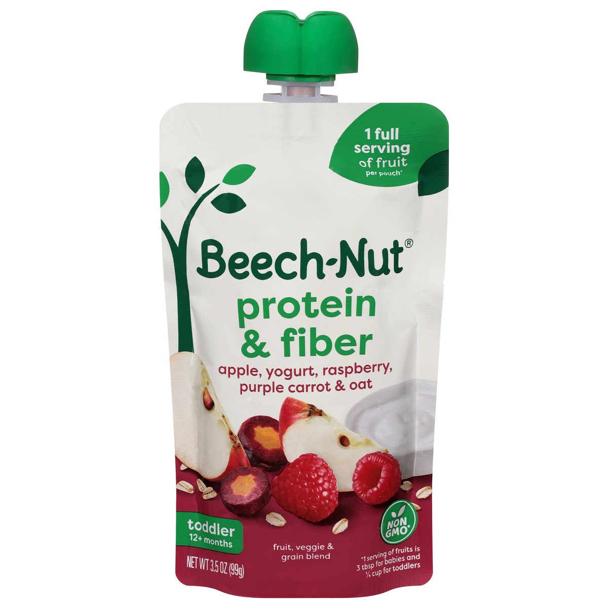 slide 1 of 9, Beech-Nut Toddler (12+ Months) Protein & Fiber Apple/Yogurt/Raspberry/Purple Carrot & Oat Fruit, Veggie & Grain Blend 3.5 oz, 3.5 oz