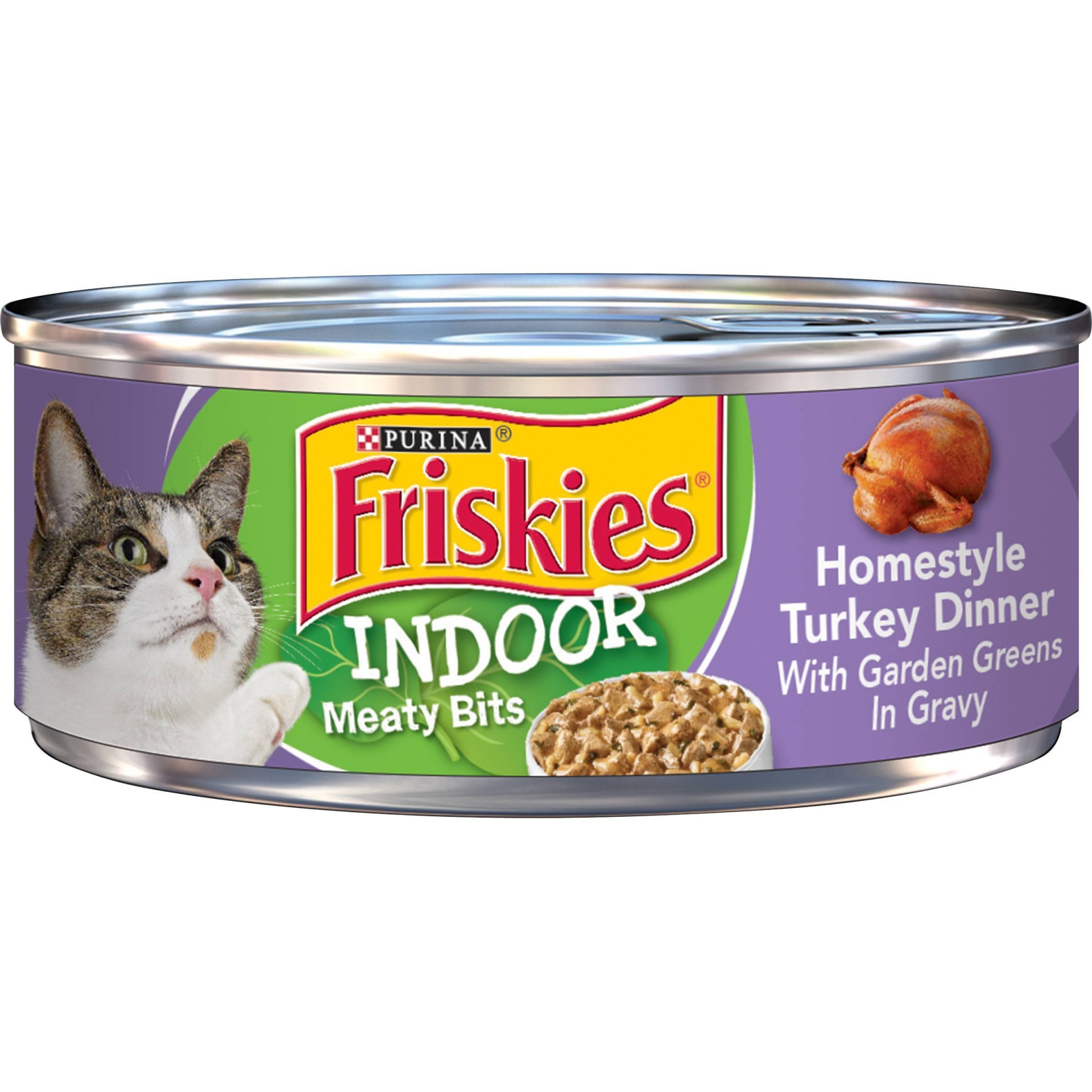 slide 1 of 4, Purina Friskies Indoor Wet Cat Food Meaty Bits Homestyle Turkey Dinner with Garden Greens In Gravy, 5.5 oz