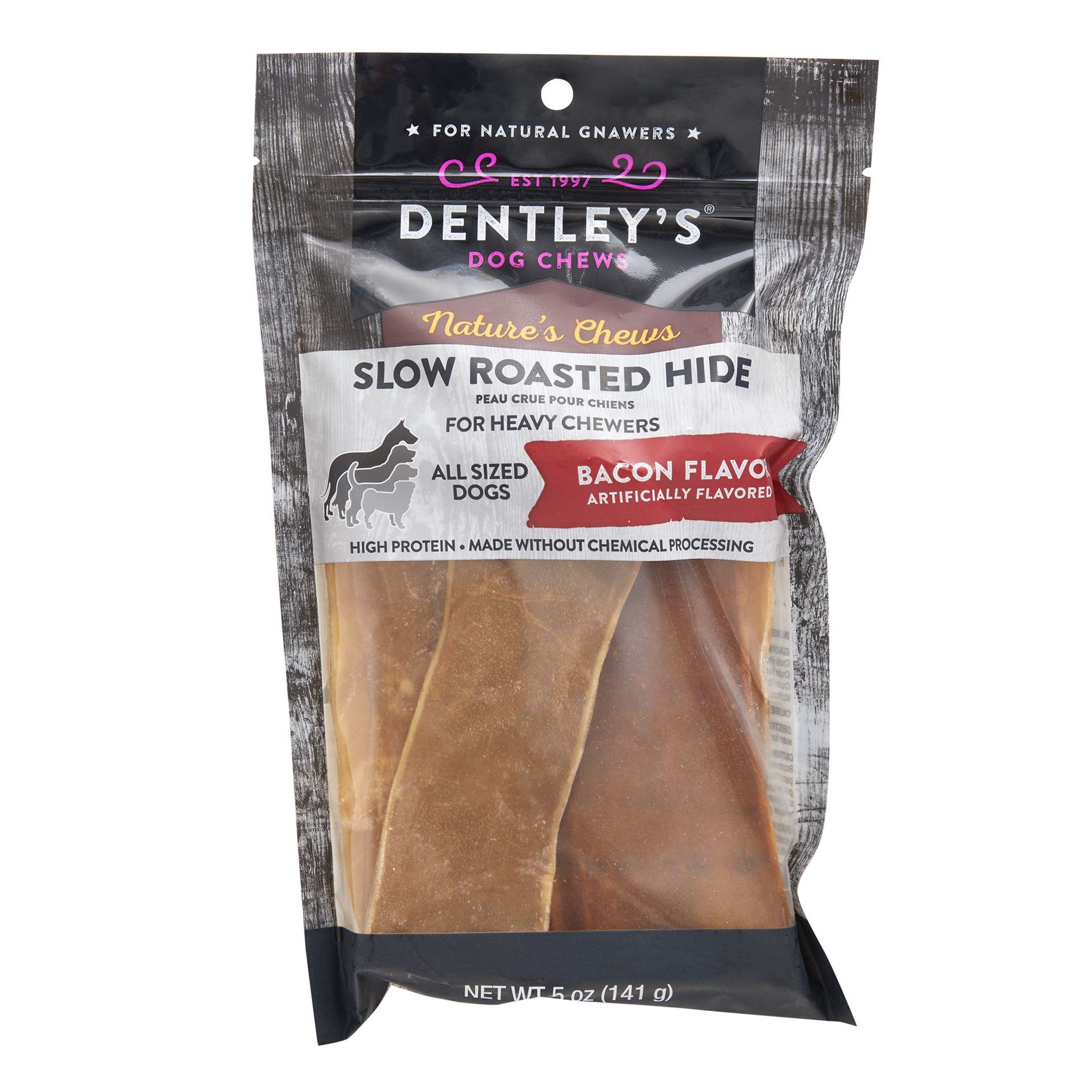slide 1 of 1, Dentley's Nature's Chews Slow Roasted Hides 6 Inch All Life Stage Dog Chews - Bacon, 5 oz