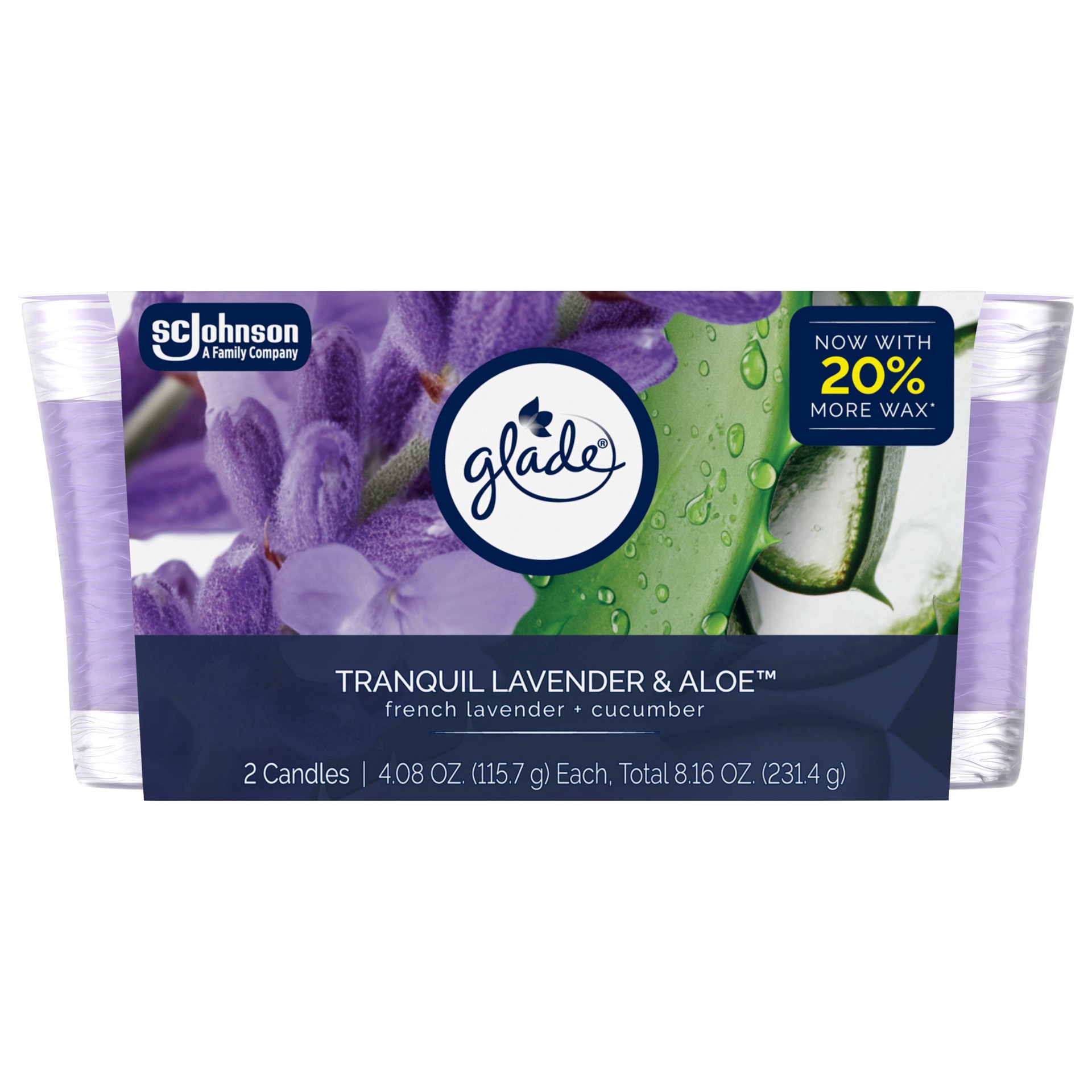 slide 1 of 1, Glade Tranquil Lavender & Aloe Candles 2 - 4.08 oz Each, 2 ct