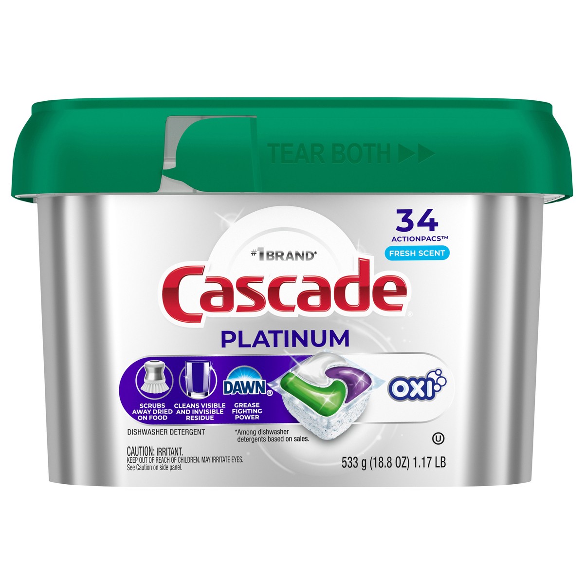 slide 1 of 7, Cascade Platinum + Oxi Dishwasher Pods, Dishwasher Detergent, Dish Detergent Soap, Fresh, 34 Count, 34 ct