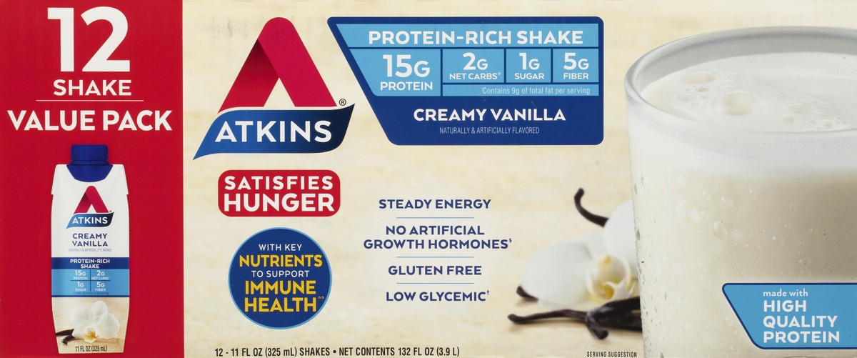 slide 1 of 9, Atkins Creamy Vanilla Protein Shake, 12 ct; 11 fl oz