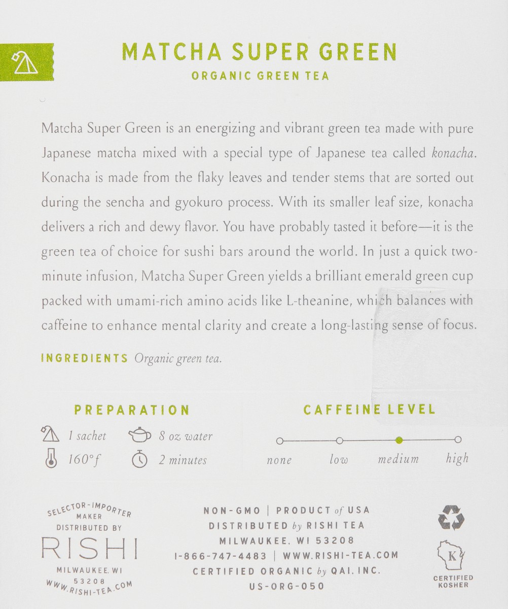 slide 8 of 9, Rishi Organic Sachets Matcha Super Green Green Tea 15 ea, 15 ct