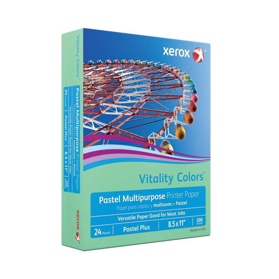 slide 2 of 3, Xerox Vitality Colors Pastel Plus Multi-Use Printer Paper, Letter Size (8 1/2'' X 11''), 24 Lb, 30% Recycled, Green, Ream Of 500 Sheets, 500 ct