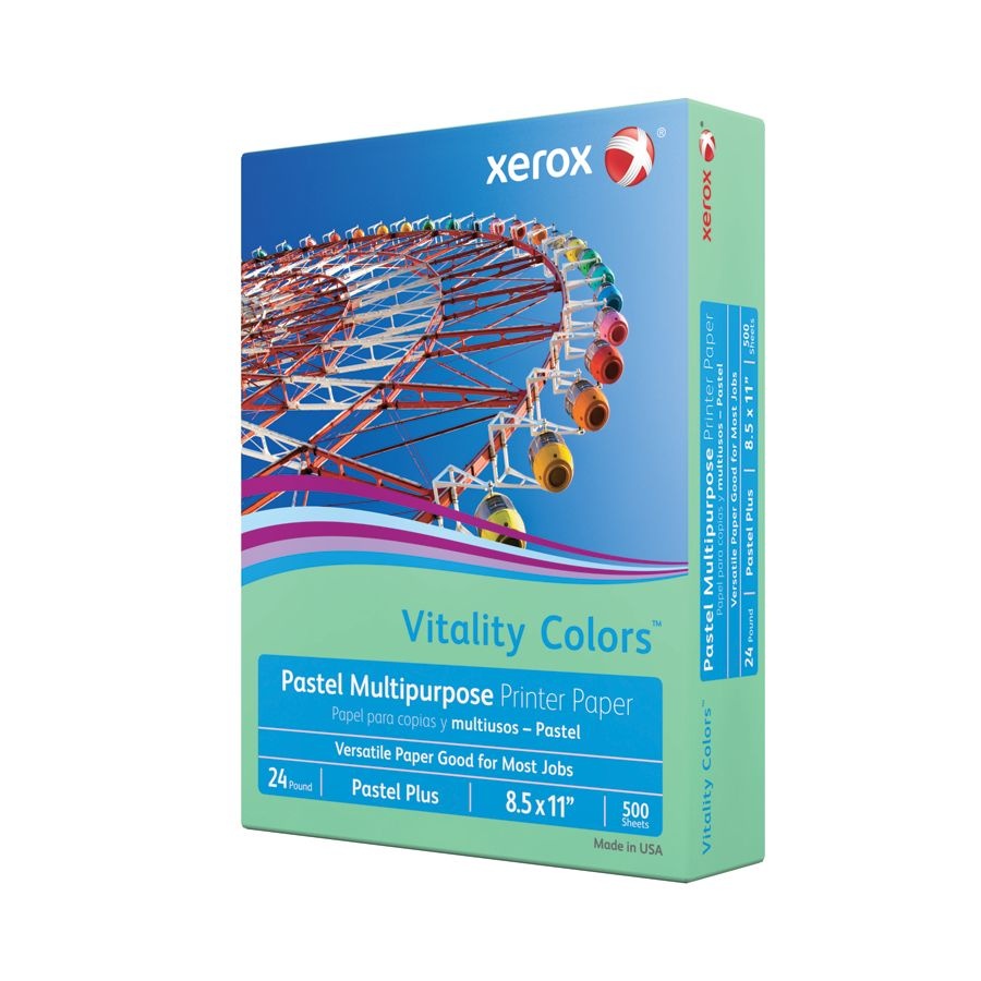 slide 3 of 3, Xerox Vitality Colors Pastel Plus Multi-Use Printer Paper, Letter Size (8 1/2'' X 11''), 24 Lb, 30% Recycled, Green, Ream Of 500 Sheets, 500 ct