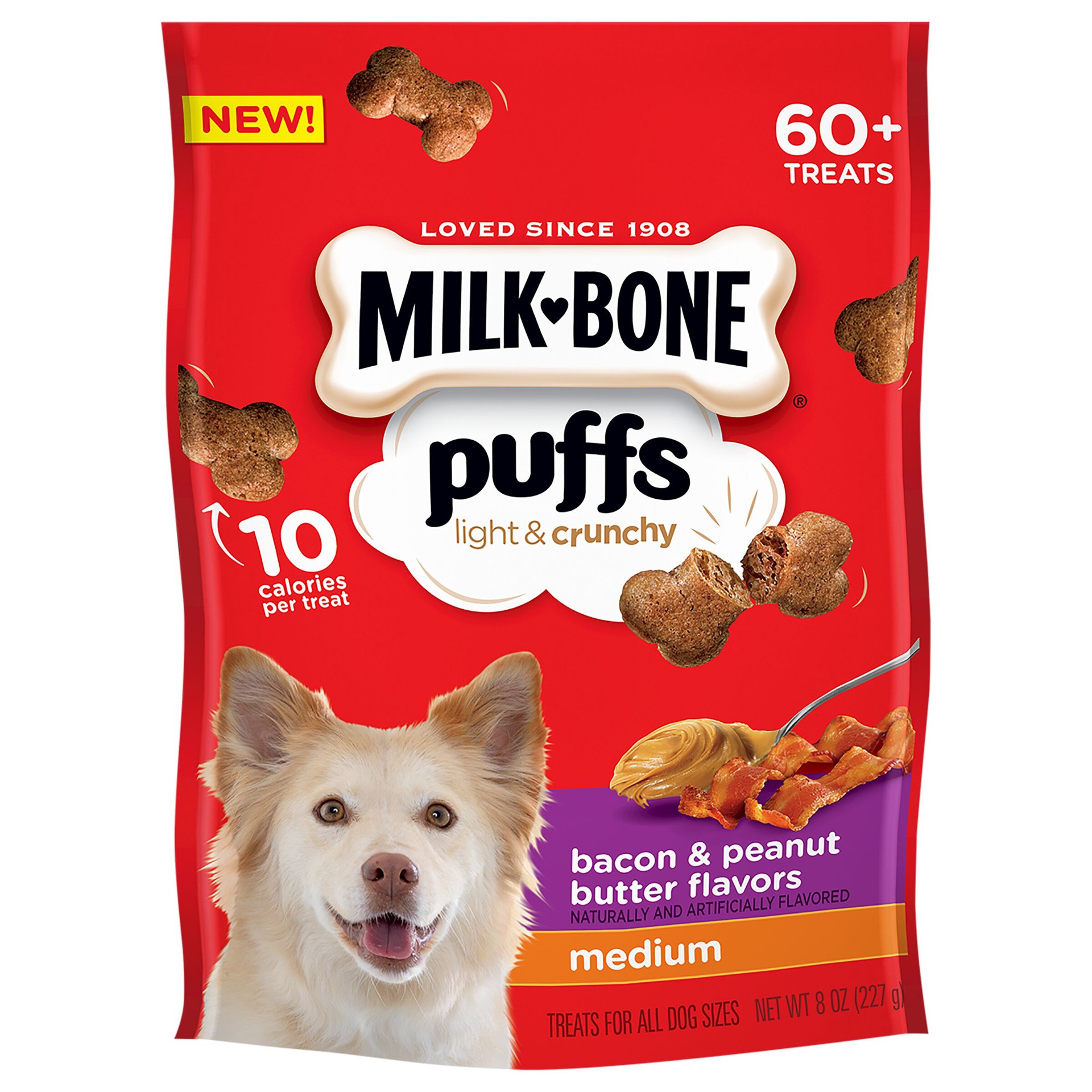 slide 1 of 2, Milk-Bone Puffs Crunchy Dog Treats, Bacon and Peanut Butter Flavor, Medium Size, 8-Ounce Bag, 8 oz