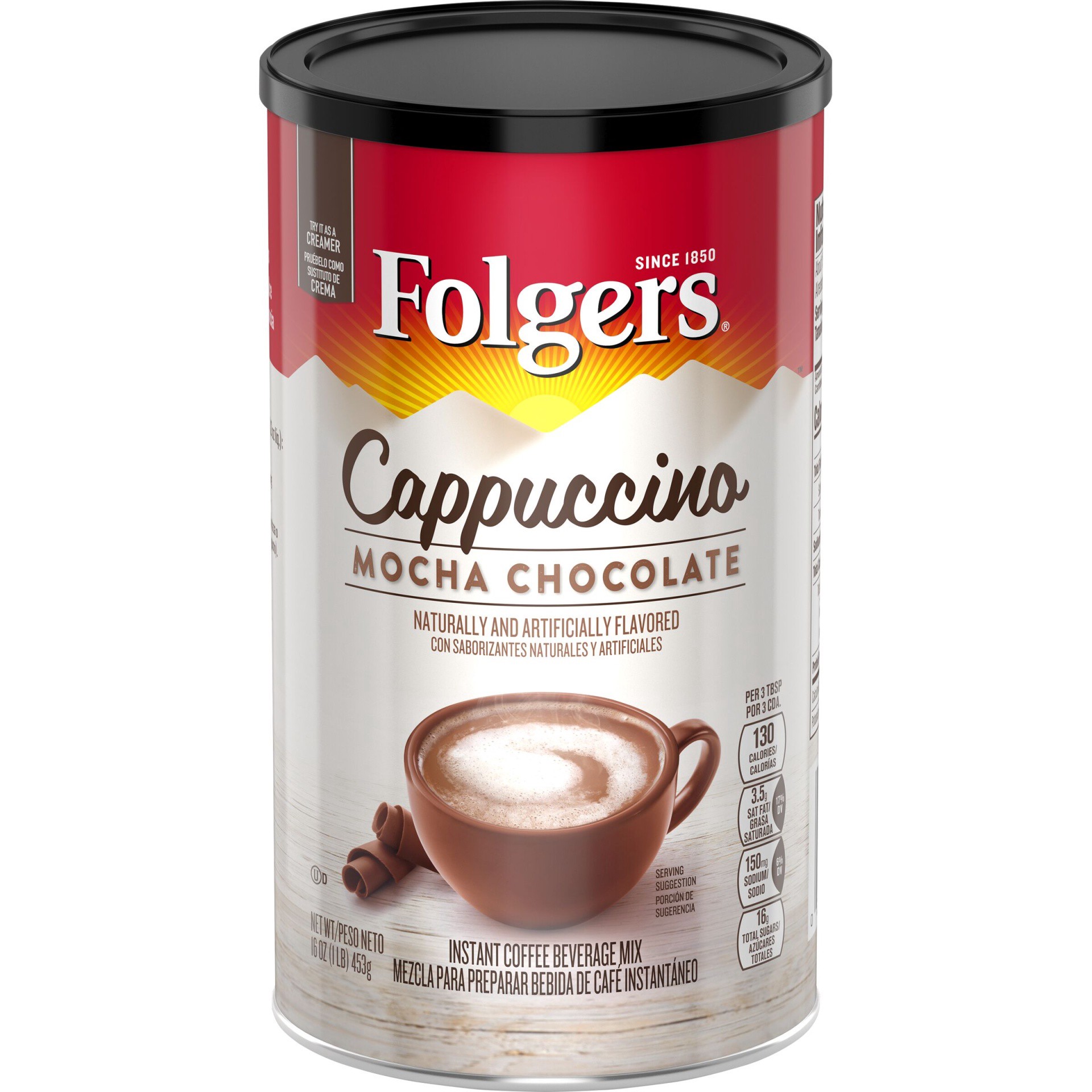 slide 1 of 4, Folgers Mocha Chocolate Flavored Cappuccino, 16-Ounce, 16 oz
