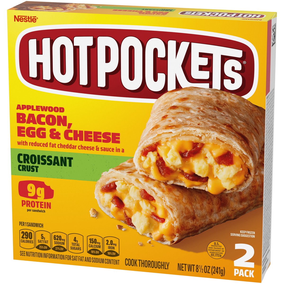 slide 3 of 9, Hot Pockets Applewood Bacon, Egg & Cheese Croissant Crust Frozen Breakfast Sandwiches, Breakfast Hot Pockets Made with Cheddar Cheese, 2 Count, 8.5 oz