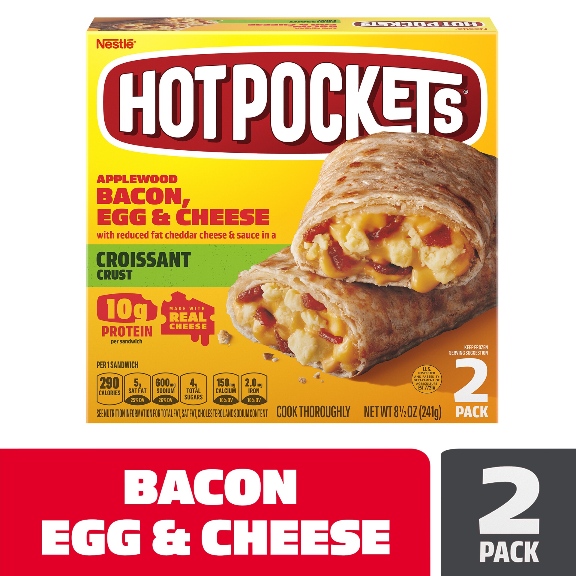 slide 1 of 10, Hot Pockets Applewood Bacon, Egg & Cheese Croissant Crust Frozen Breakfast Sandwiches, 2 ct; 9 oz