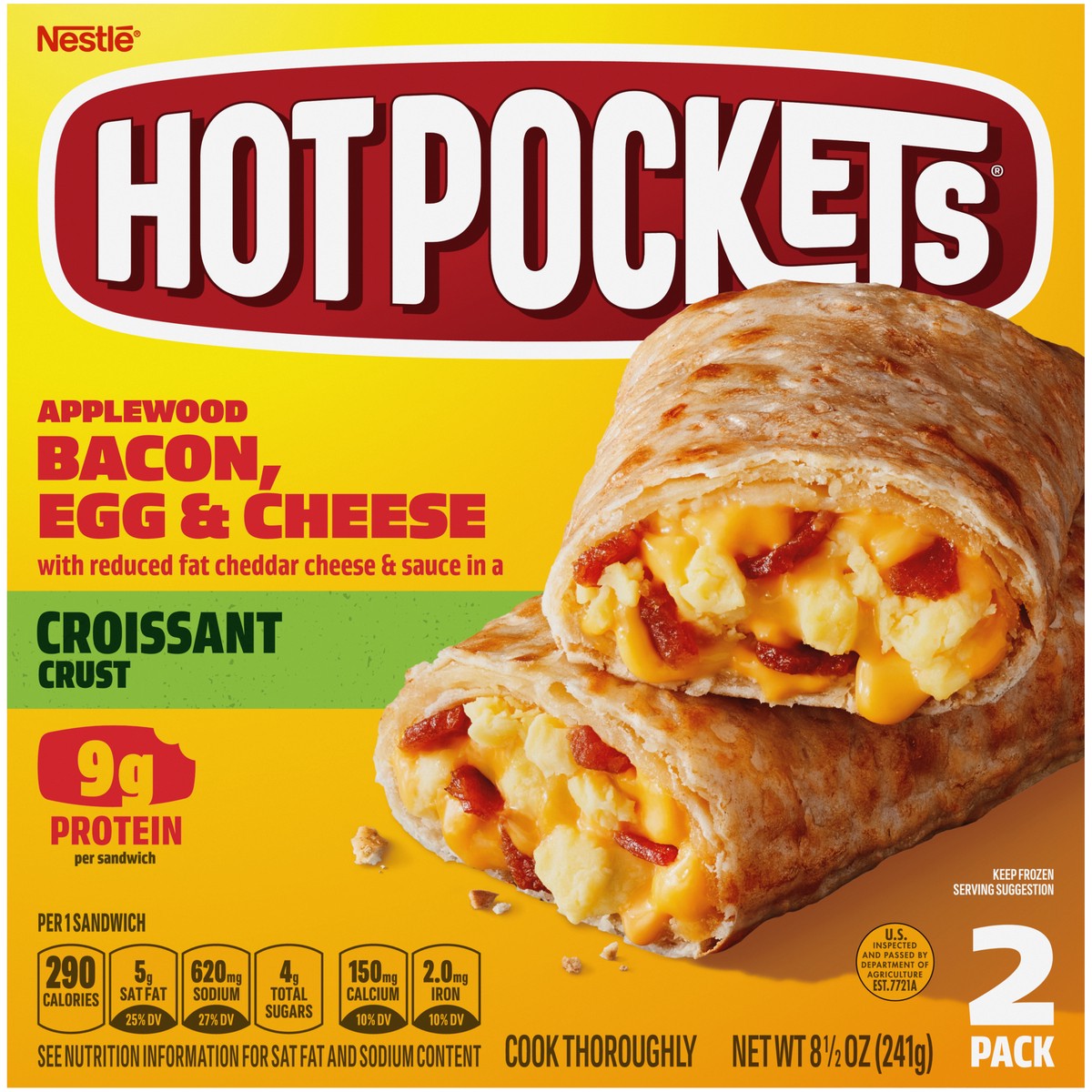 slide 6 of 9, Hot Pockets Applewood Bacon, Egg & Cheese Croissant Crust Frozen Breakfast Sandwiches, Breakfast Hot Pockets Made with Cheddar Cheese, 2 Count, 8.5 oz