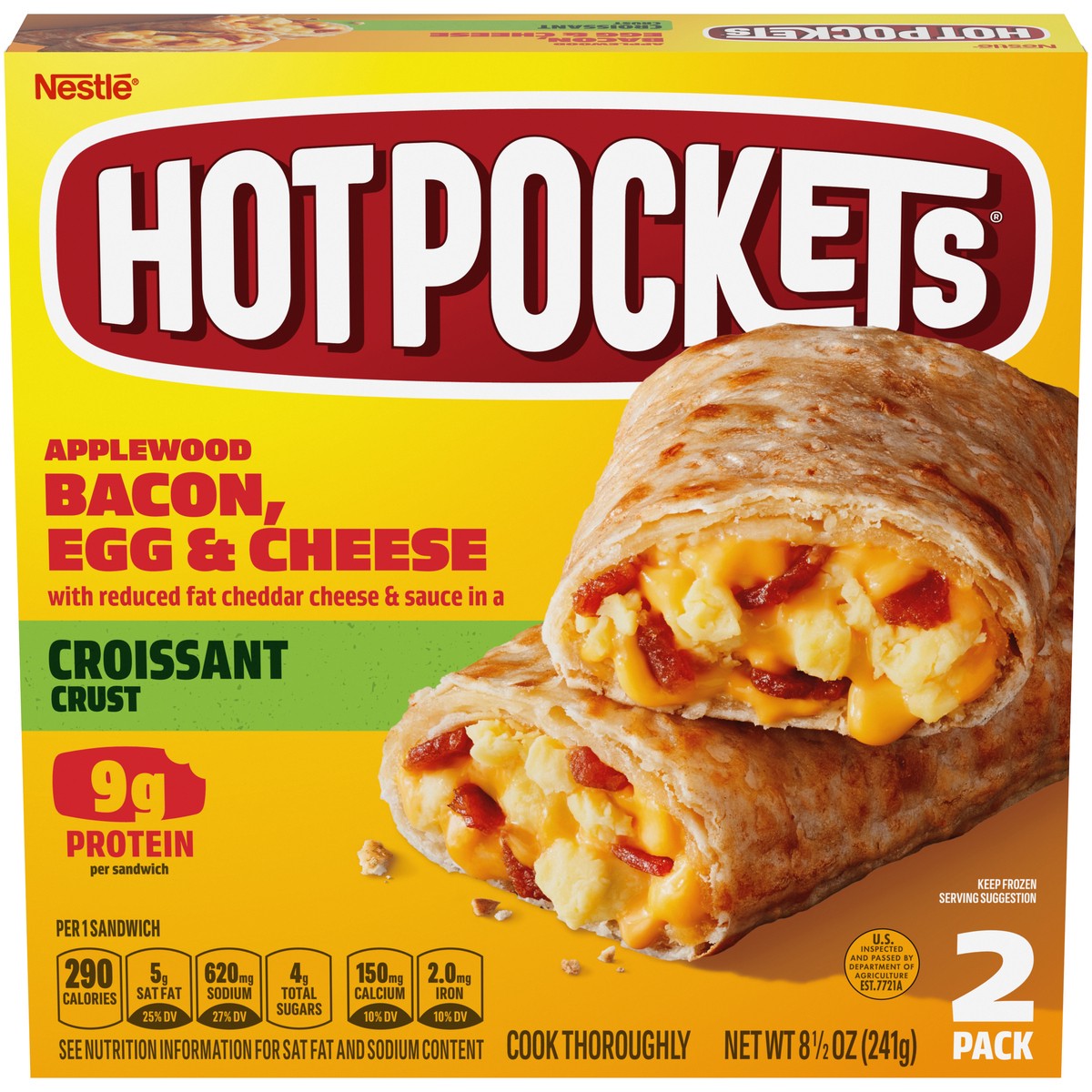 slide 1 of 9, Hot Pockets Applewood Bacon, Egg & Cheese Croissant Crust Frozen Breakfast Sandwiches, Breakfast Hot Pockets Made with Cheddar Cheese, 2 Count, 8.5 oz