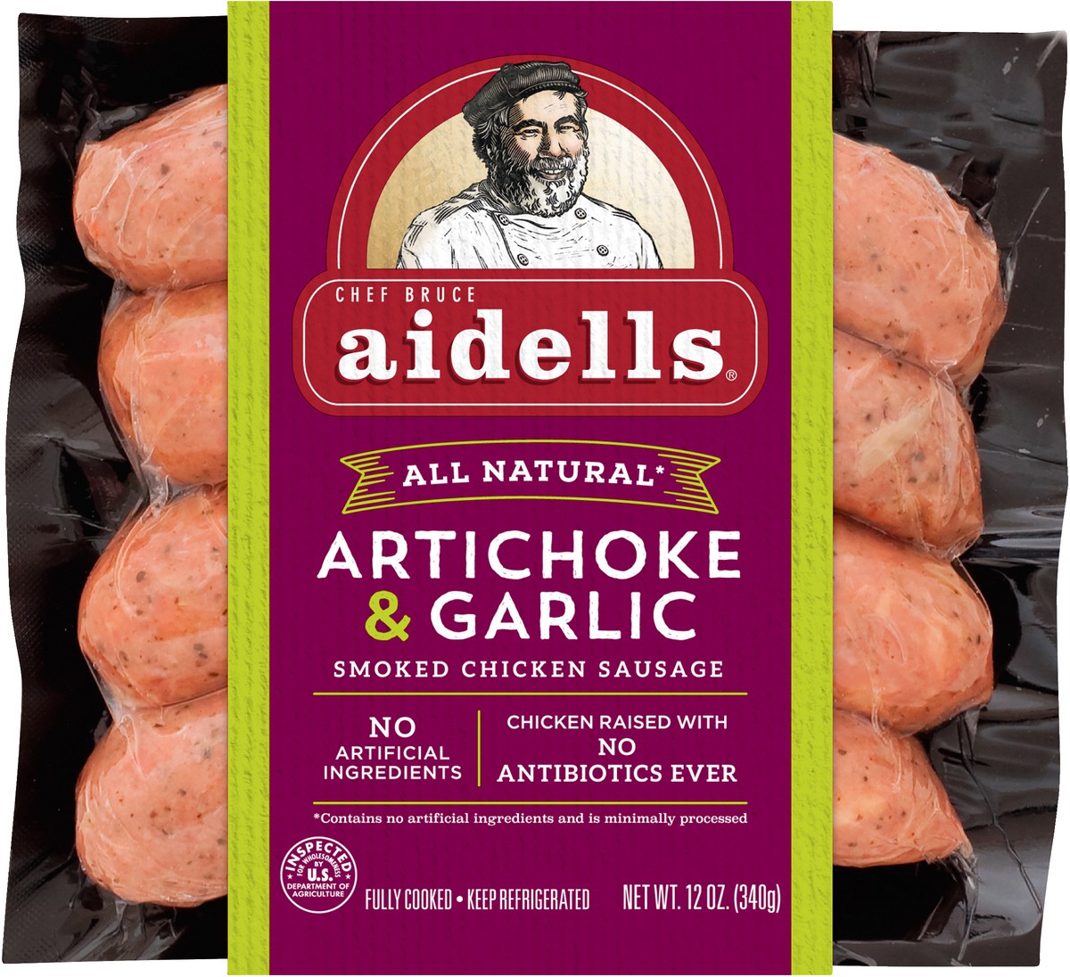 slide 4 of 6, Aidells Smoked Chicken Sausage, Artichoke & Garlic, 12 oz. (4 Fully Cooked Links), 340.19 g