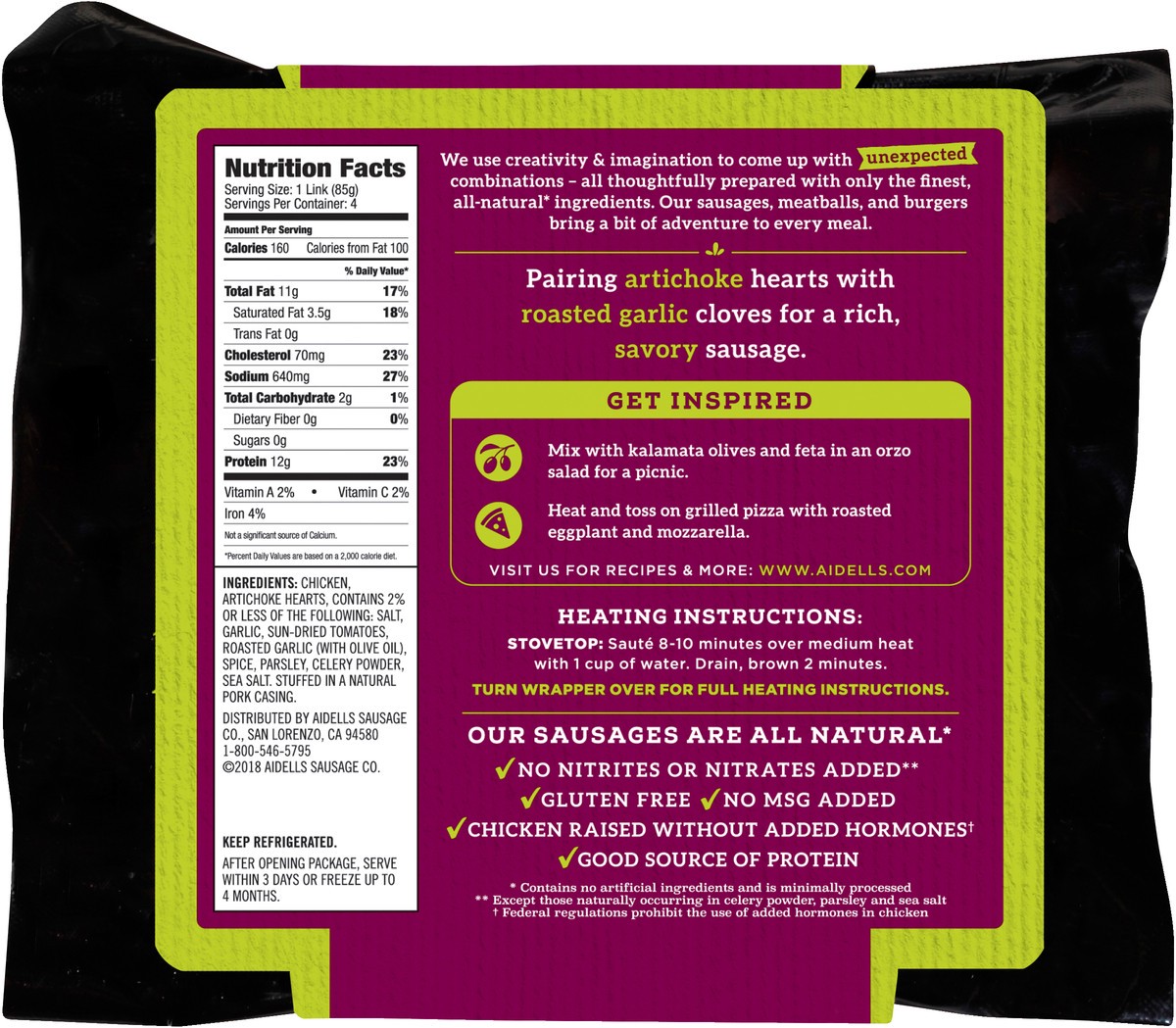 slide 5 of 6, Aidells Smoked Chicken Sausage, Artichoke & Garlic, 12 oz. (4 Fully Cooked Links), 340.19 g