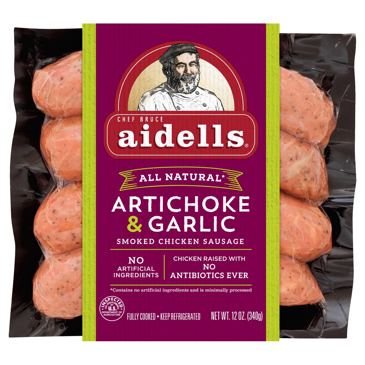 slide 3 of 6, Aidells Smoked Chicken Sausage, Artichoke & Garlic, 12 oz. (4 Fully Cooked Links), 340.19 g