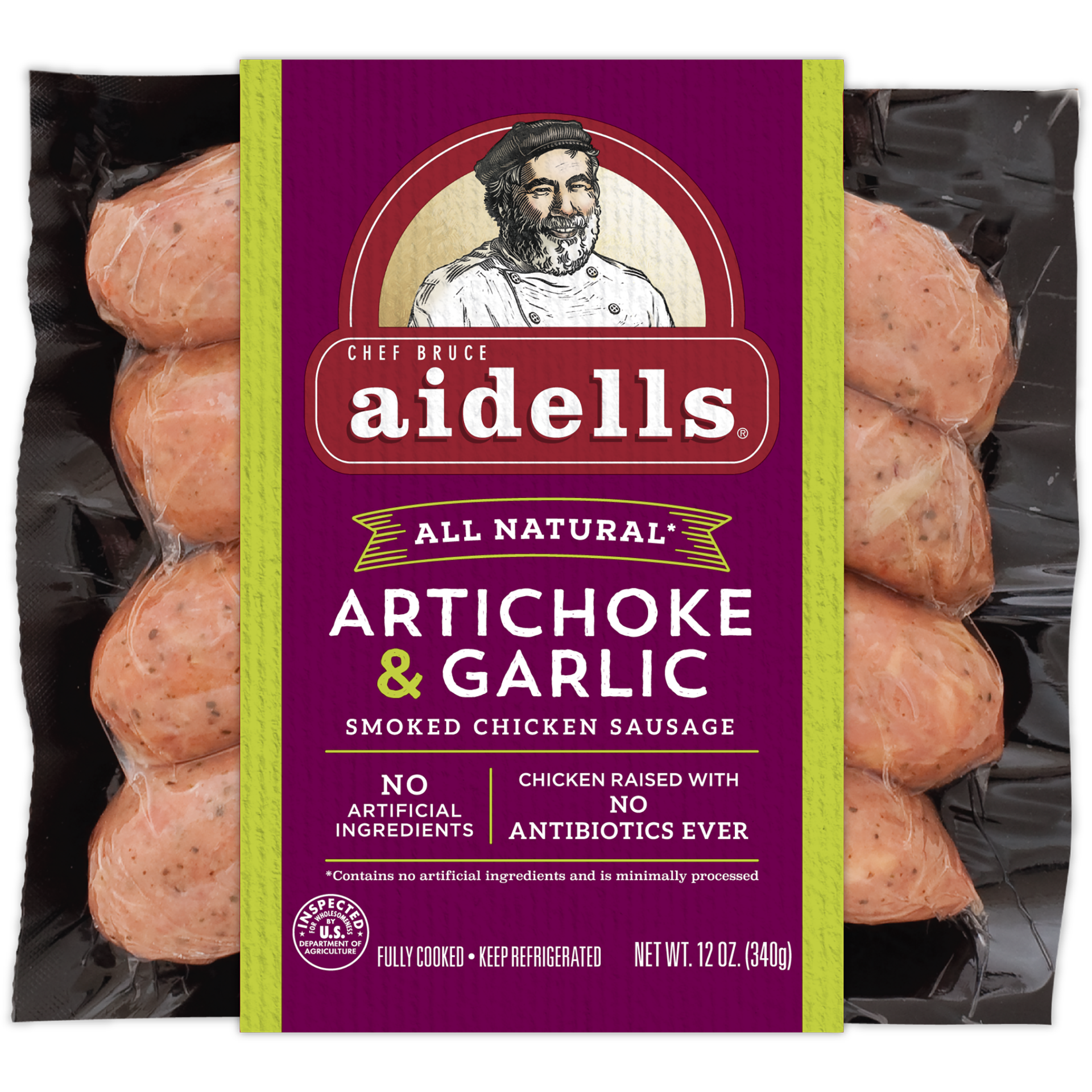 slide 1 of 6, Aidells Smoked Chicken Sausage, Artichoke & Garlic, 12 oz. (4 Fully Cooked Links), 340.19 g