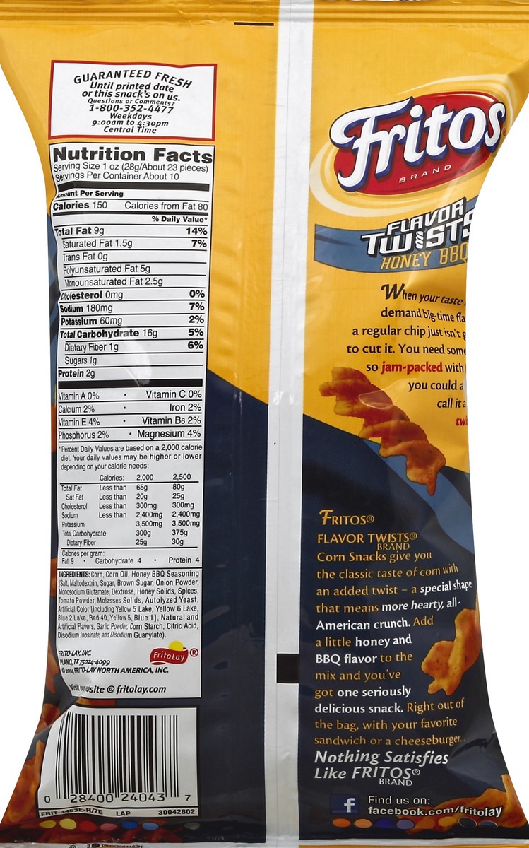 slide 6 of 6, Fritos Flavor Twists Honey BBQ Corn Snacks, 9.75 oz