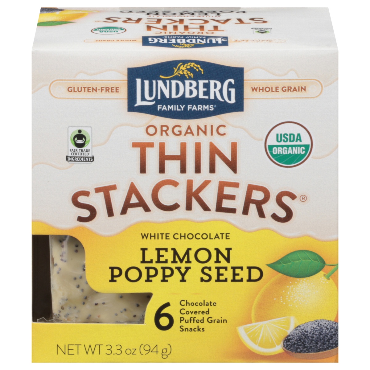 slide 1 of 1, Lundberg Family Farms Thin Stackers Organic White Chocolate Lemon Poppy Seed Puffed Grain Snacks 6 ea, 6 ct