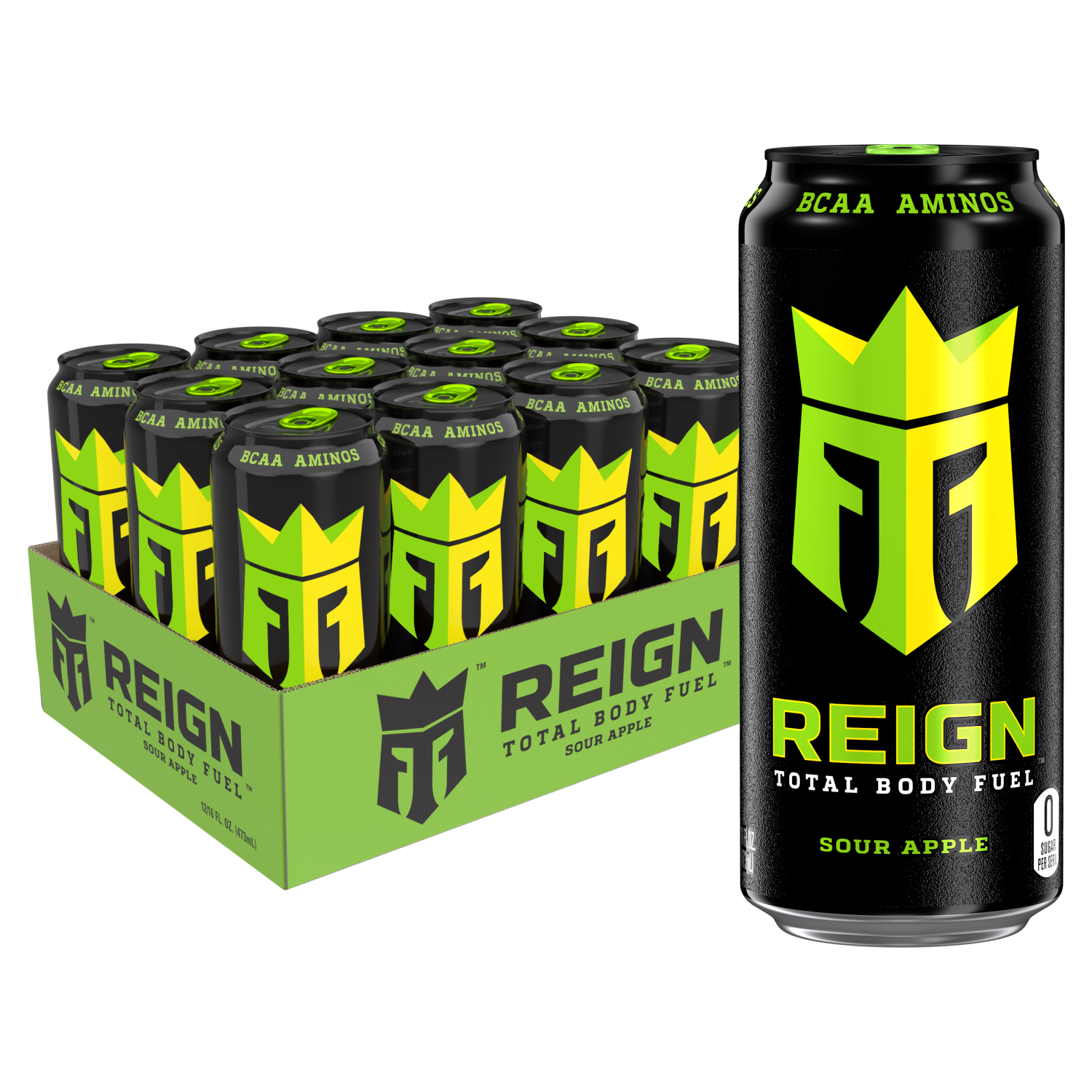 slide 1 of 5, Reign Total Body Fuel Sour Apple, Sour Apple (Pack of 12, 16 oz