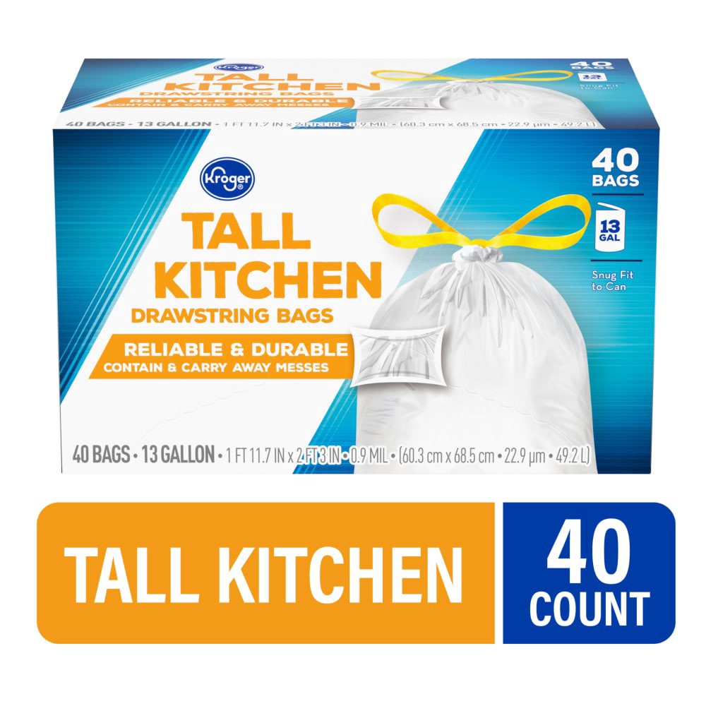 slide 1 of 2, Kroger Tall Kitchen 13 Gallon Drawstring Trash Bags, 40 ct
