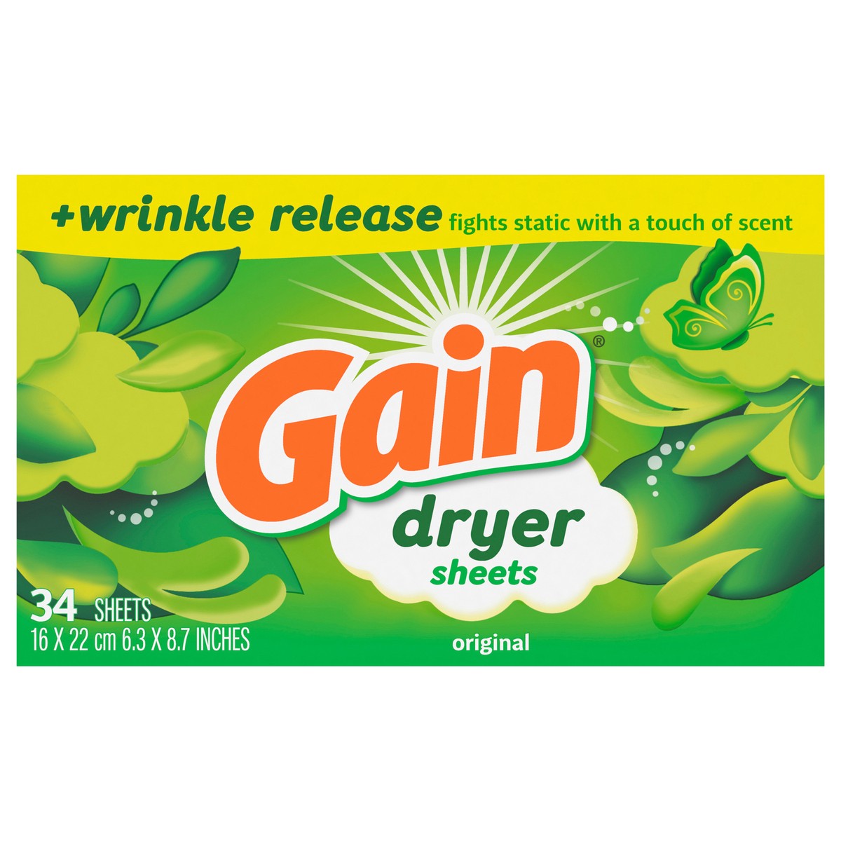 slide 1 of 19, Gain dryer sheets Plus Wrinkle Release, Original Scent, 34 Count, Fights static with a touch of scent, laundry sheets, 34 ct