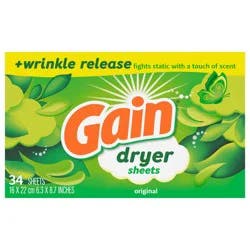 Gain dryer sheets Plus Wrinkle Release, Original Scent, 34 Count, Fights static with a touch of scent, laundry sheets